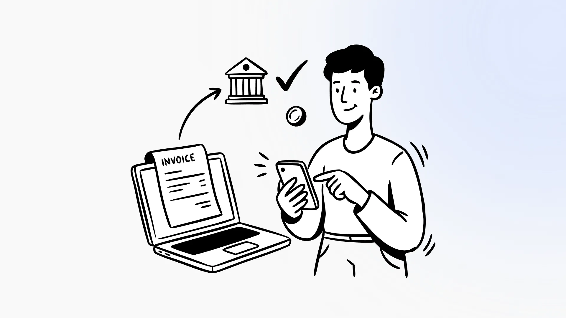 Ilustrație cu o persoană care aprobă pe telefon plata unei facturi afișate pe laptop, prin open banking