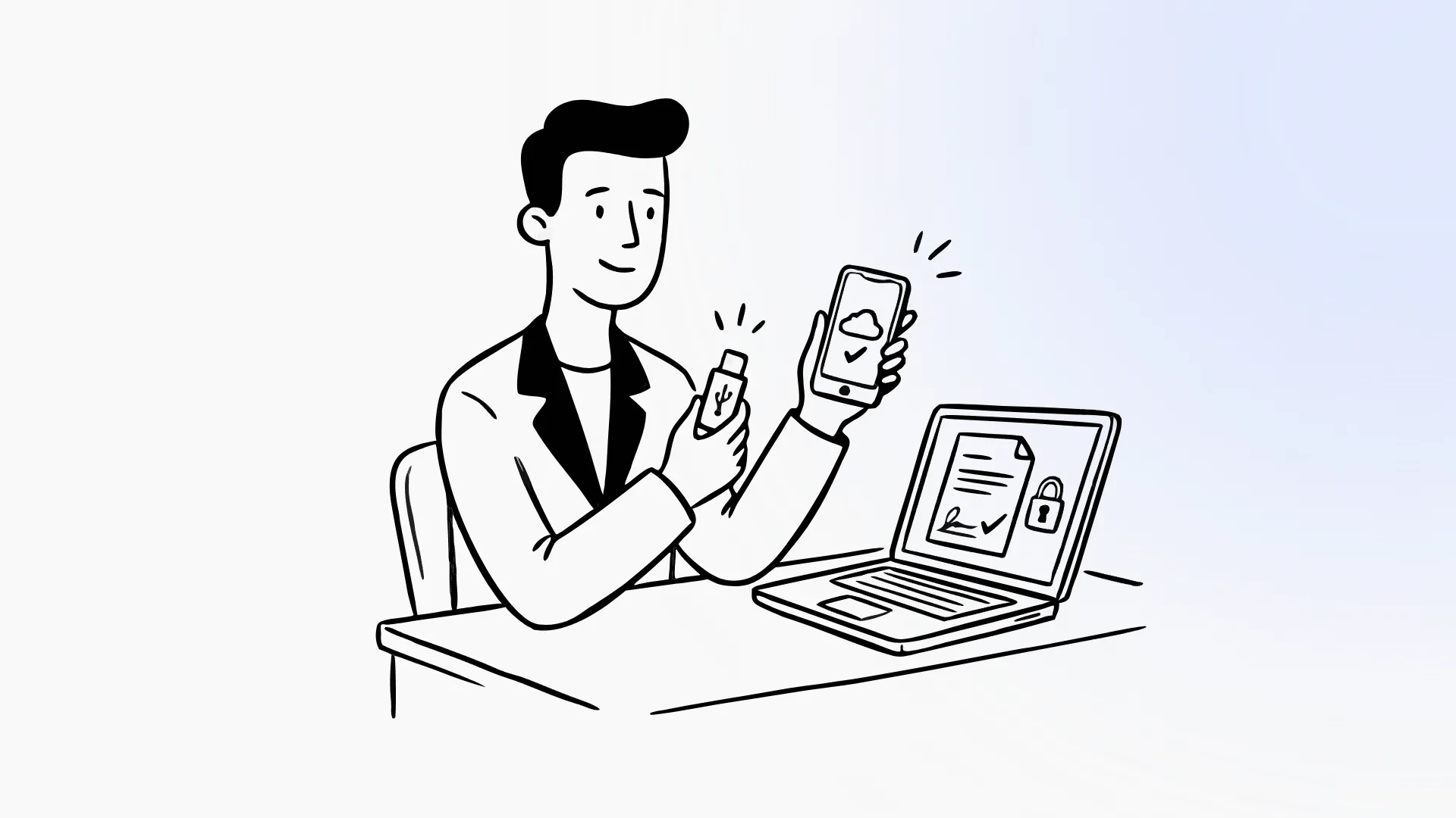 Ilustrație cu un antreprenor care folosește un token USB și un telefon pentru a semna digital un document pe laptop