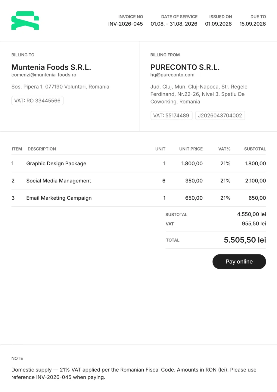 Pureconto preview showing invoices, customers, and payment status