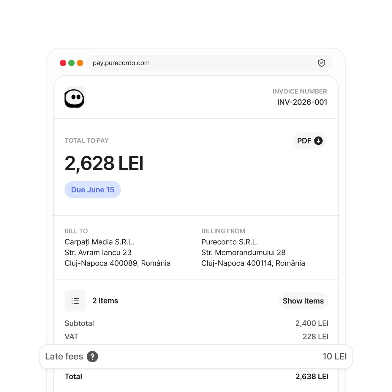 A Pureconto payment page with the invoice total and late fees applied.