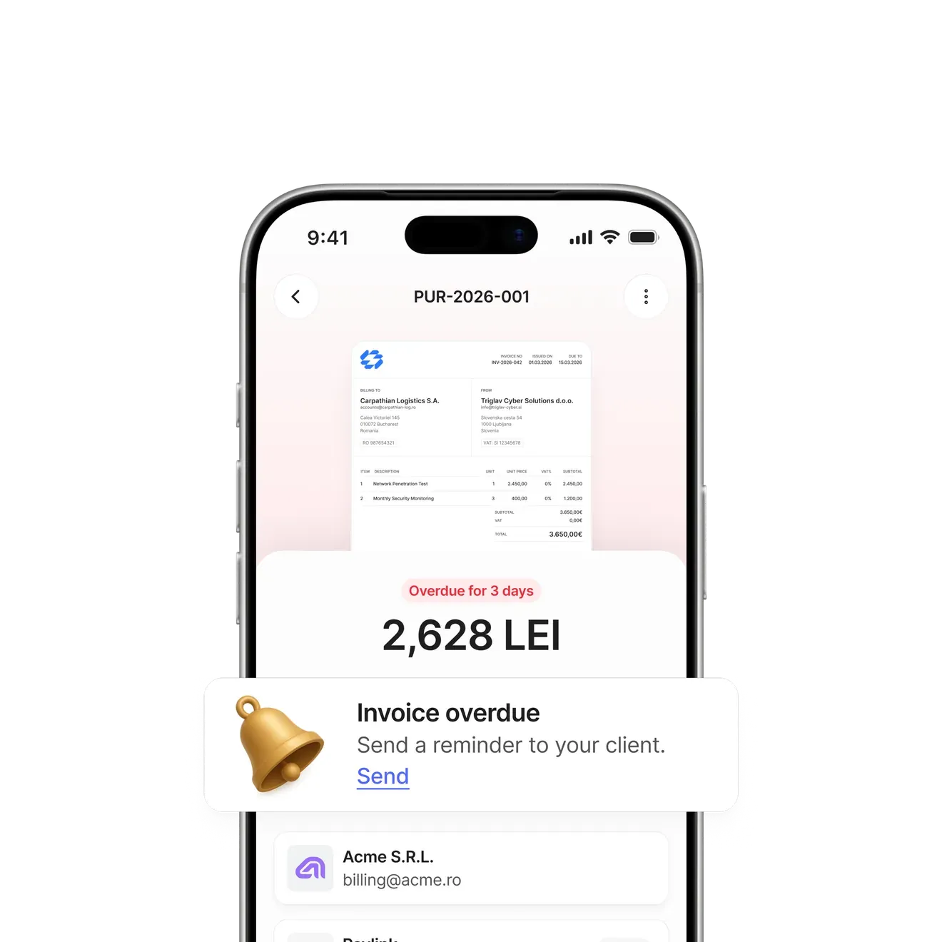 The Pureconto app showing an overdue invoice with a reminder ready to send.