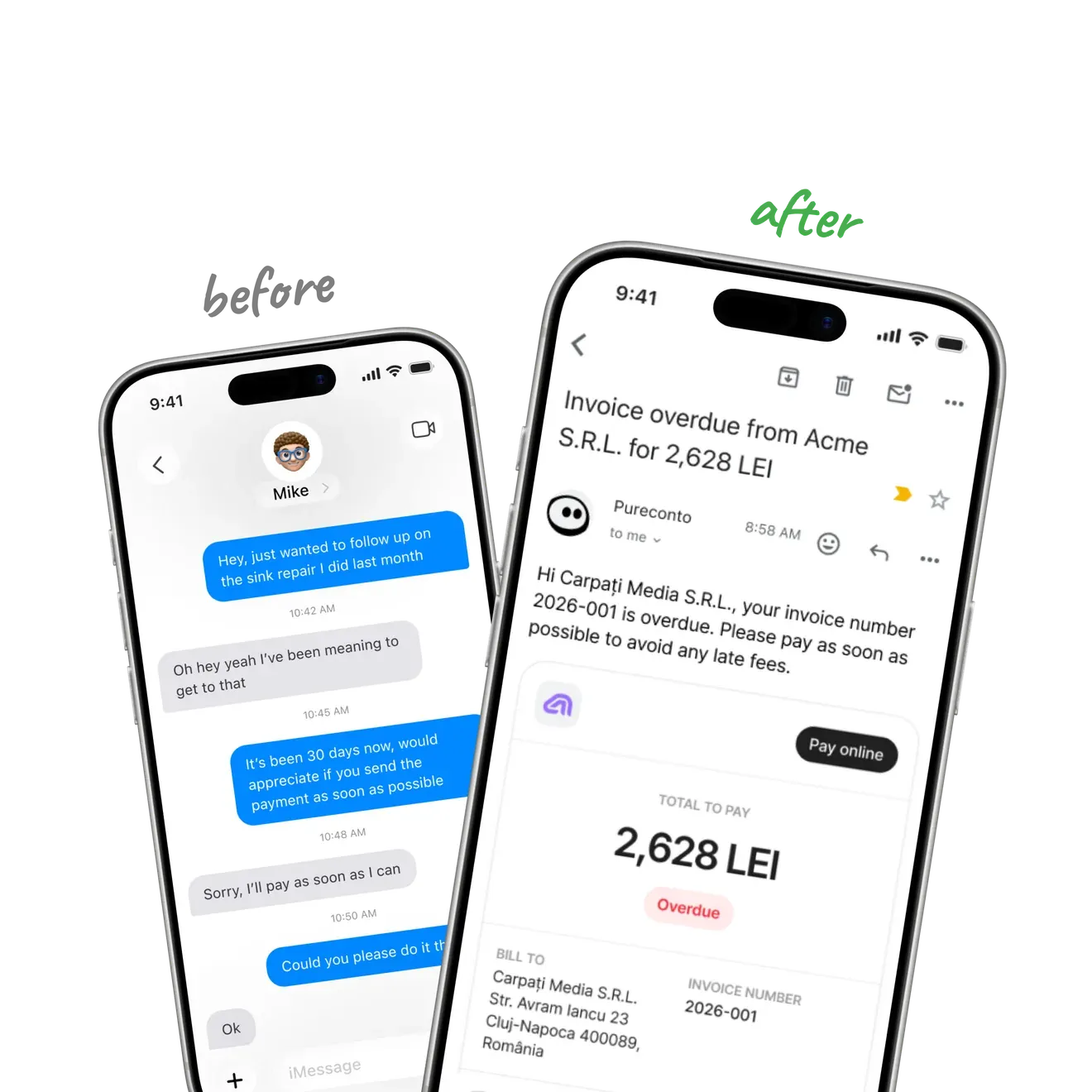 Side-by-side comparison of an awkward payment chase versus an automated Pureconto overdue reminder.