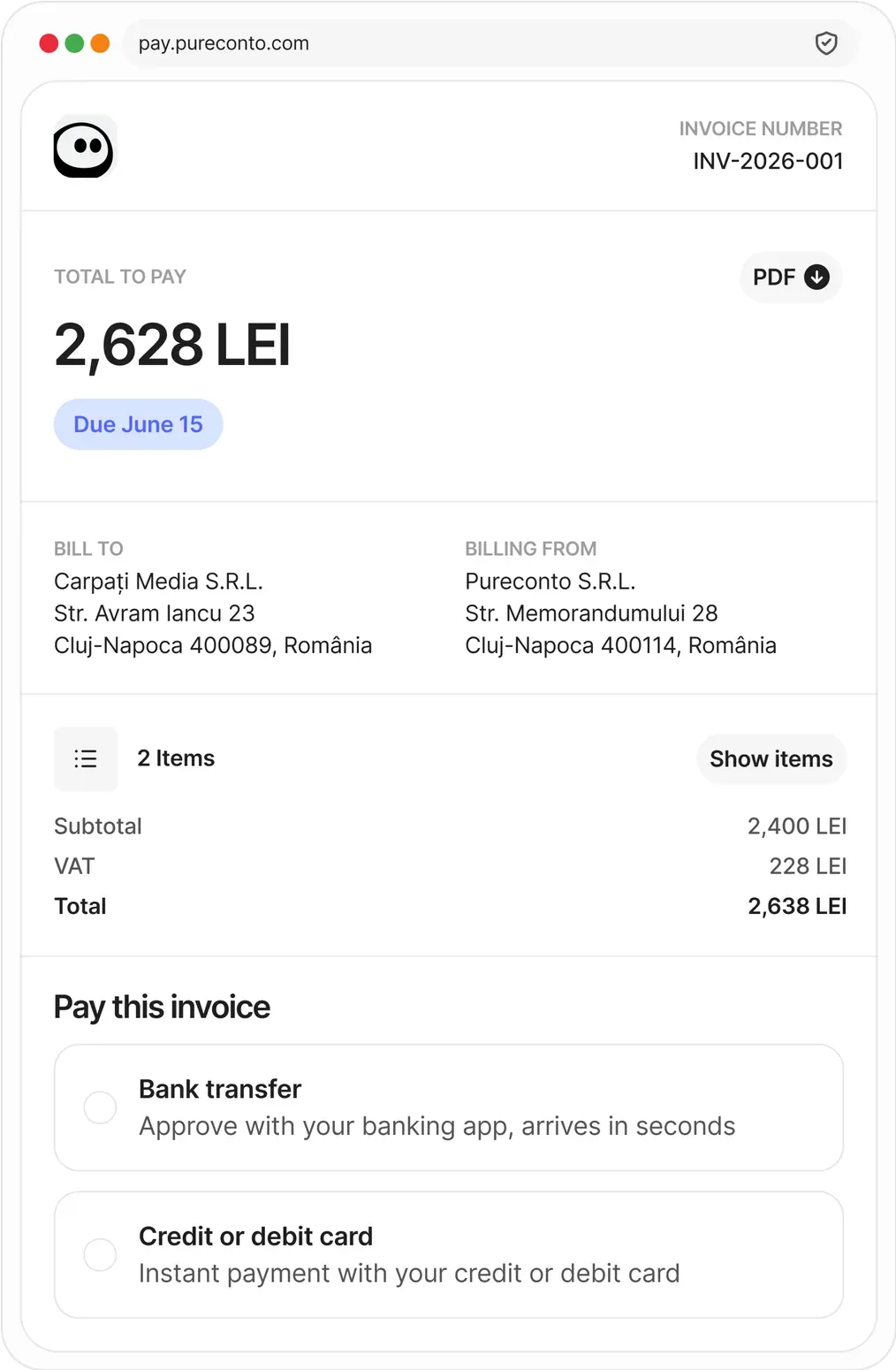 Pureconto payment page for paying an invoice directly from a phone